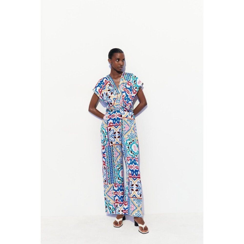 Zara Women Jumpsuit Size S Printed Multicolor Wide Leg Satin effect 3013/165 NWT
